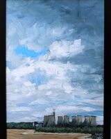 painting of landscape including cooling towers in acrylics