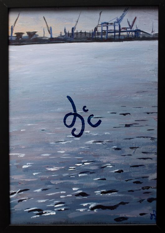 painting of a maritime industrial landscape with cranes in acrylics