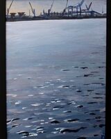 painting of a maritime industrial landscape with cranes in acrylics