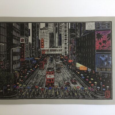 Umbrellas, Afternoon in the rain, Hong Kong. Linocut print