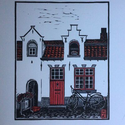 Bruges. Lino print in limited colour range