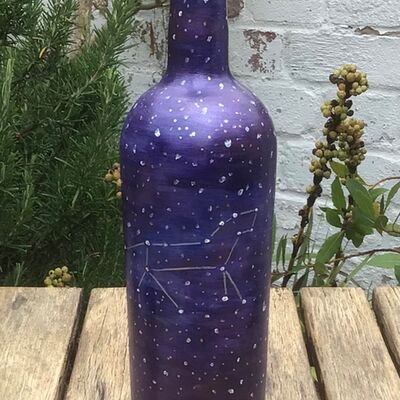 Galaxy. Constellation Leo. Night sky. Hand painted lantern. Upcycled wine bottle.