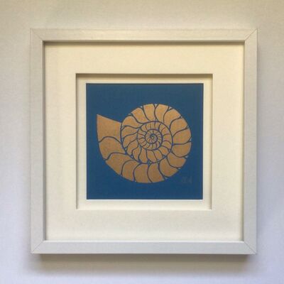 Ammonite fossil print, gold on blue