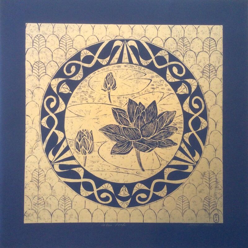 Lotus pond in gold linocut print