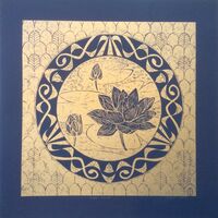 Lotus pond in gold linocut print