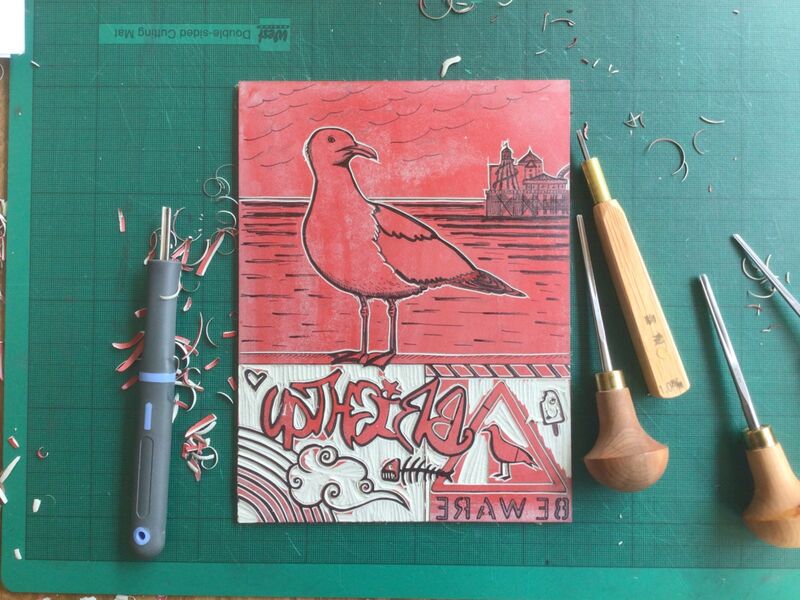 Brighton seagull linocut progress by Daria Arta