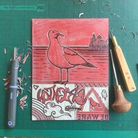 Brighton seagull linocut progress by Daria Arta