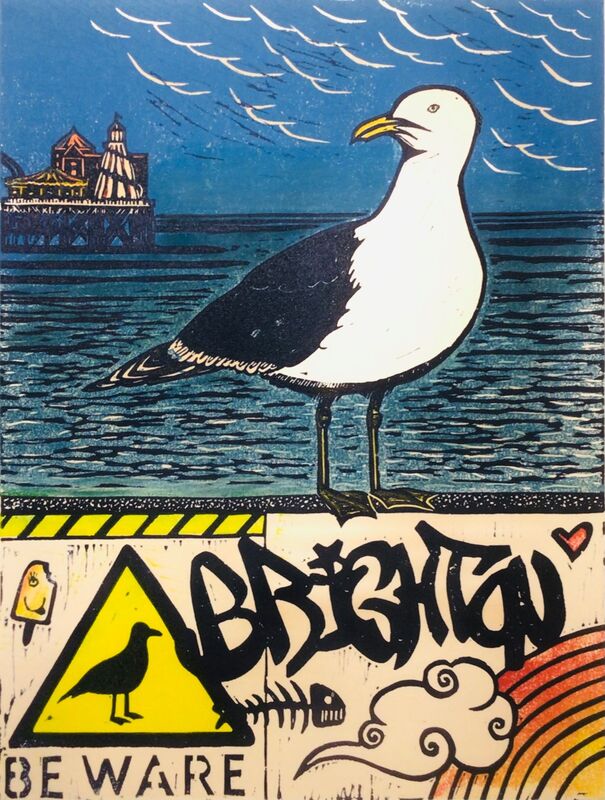Brighton seagull graffiti Brighton pier linocut print