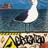 Brighton seagull graffiti Brighton pier linocut print