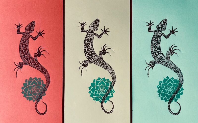 Lizard succulent linocut print