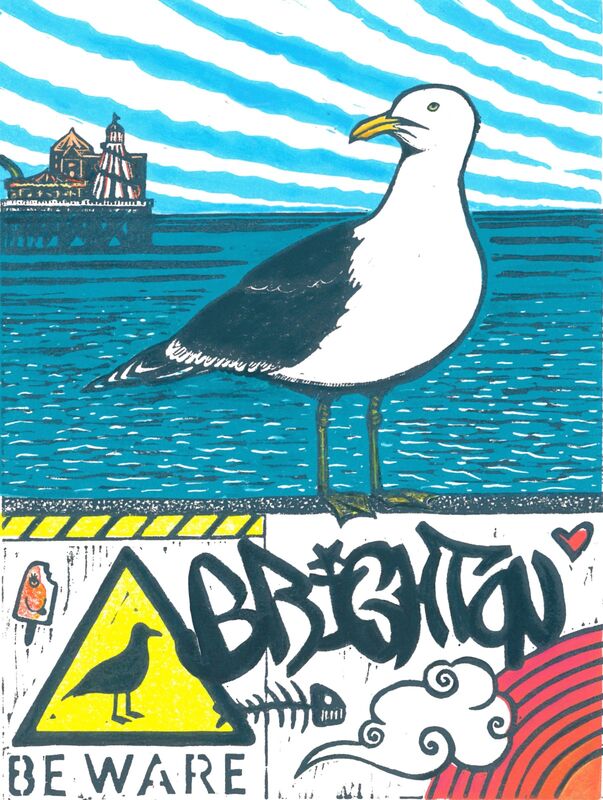 Brighton seagull linocut print by Daria Arta