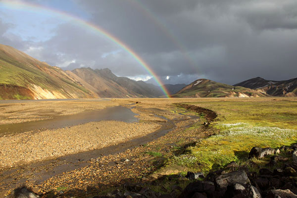 03D-4672 Double Rainbow over the Barmur Rhyolite Mountains and the River Jokulgilskvisl at Landmannalaugar in the Fjallabak Area of Iceland