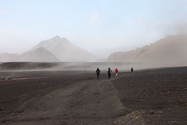 03D-5445 Hikers and Volcanic Dust Storm in the Emstrur Area on Day 3 of the Laugavegur Hiking Trail from Landmannalaugar to Thorsmork Iceland