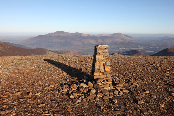 04D-2228 The Summit Trig Point on Crag Hill and the View NE Over the Mountains of Skiddaw and Blencathra Lake District Cumbria UK