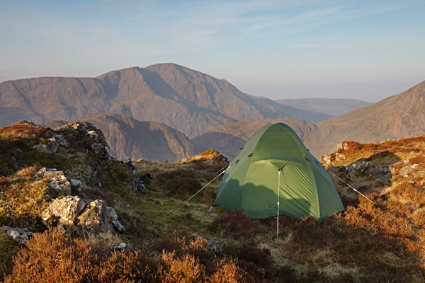 04D-5187 Tent on Fleetwith Pike and the View Towards the Mountain of Pillar in Early Morning Light Lake District Cumbria UK