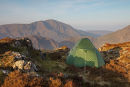 04D-5187 Tent on Fleetwith Pike and the View Towards the Mountain of Pillar in Early Morning Light Lake District Cumbria UK