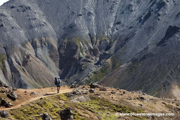 06D-1309 Temp Walking in Front of the Mountain of Blahnukur on the Laugavegur Trail Fjallabak National Park Iceland