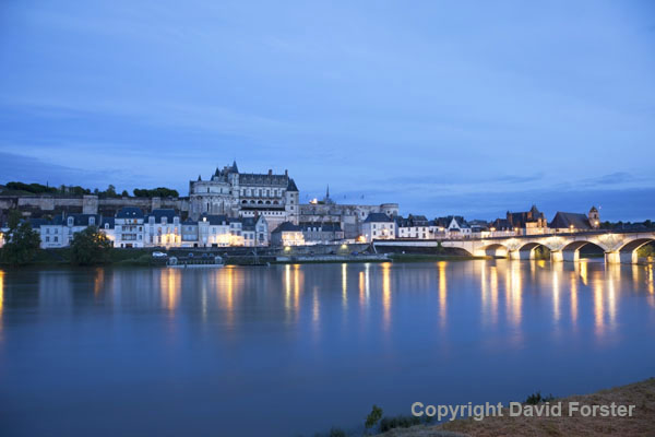 06D-8082 The Chateau and Lights of the Village Amboise Across the Loire River at Night, Indre et Loire Region of France