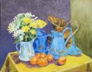 Still life with blue jugs, chrysanthemums and oranges
