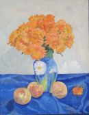 Still life with orange chrysanthemums and pomegranates
