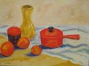 Still life with oranges, casserole and marmalade jar