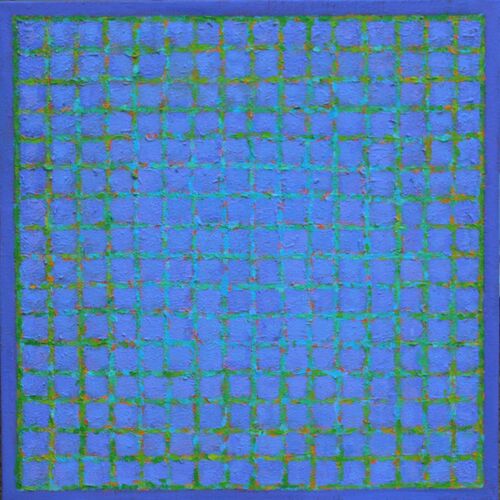 'Grid 1 Green on Blue' 40x40cm acrylic on canvas 2014