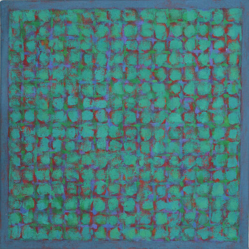 Grid - Red & Blue on Green 45x45cm acrylic on canvas 2013