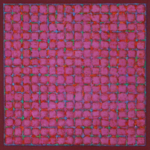 'Grid 8 - Blue Green on Cerise' 45x45 acrylic on canvas 2015