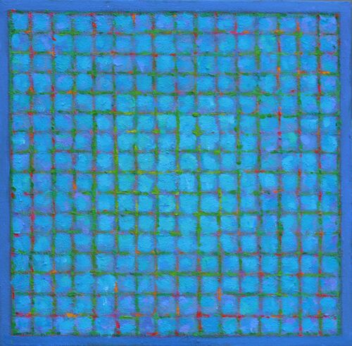 'Grid 3 - Red on Blue' 45x45cm acrylic on canvas 2015