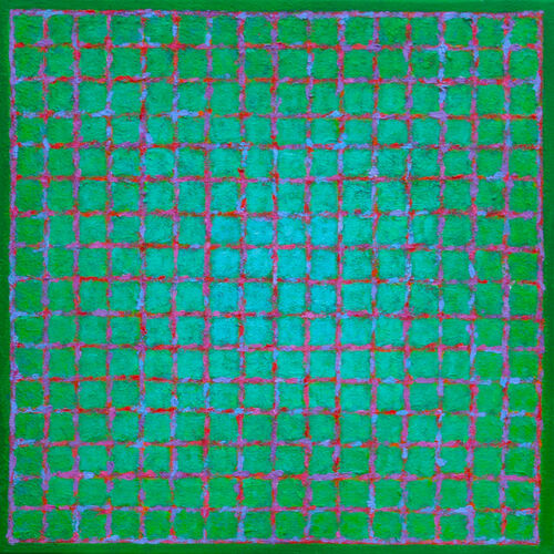 'Grid 7 - Red on Green' 45x45cm acrylic on canvas 2013