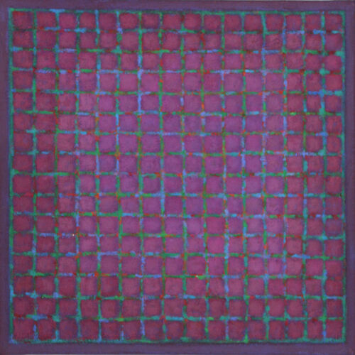 'Grid 6 - Green & Blue on Red Violet' 45x45cm acrylic 2015 (Private Collection)