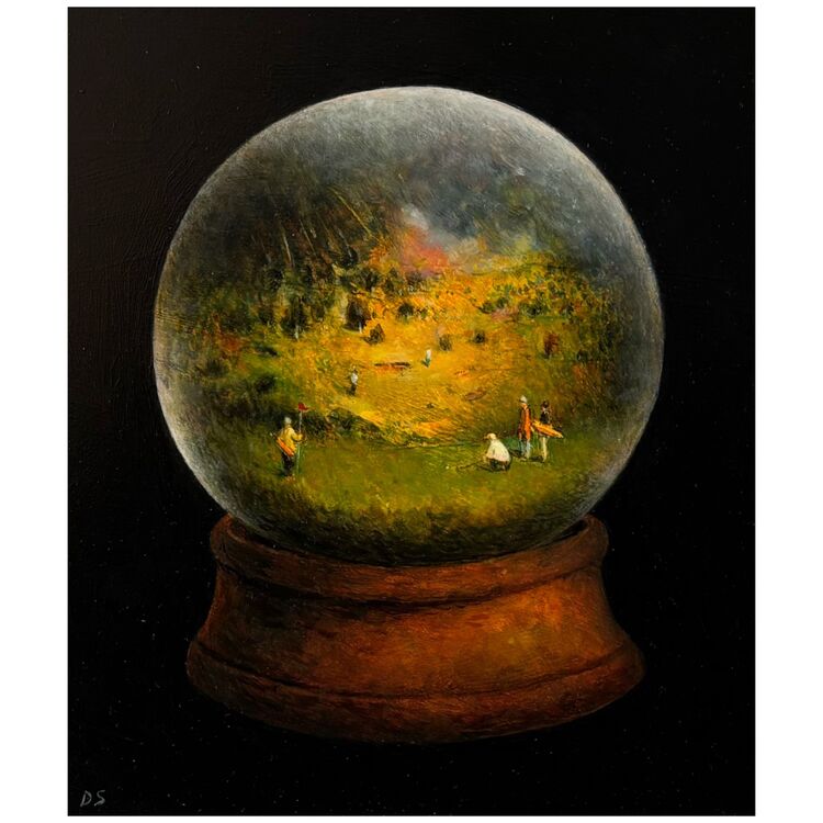 'The Incident At The 9th Hole' oil on panel 16.5 x 19.5 cm