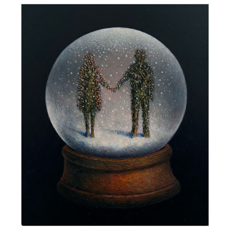 'Snowfall On The Apple Tree' oil on panel 16.5 x 19.5cm