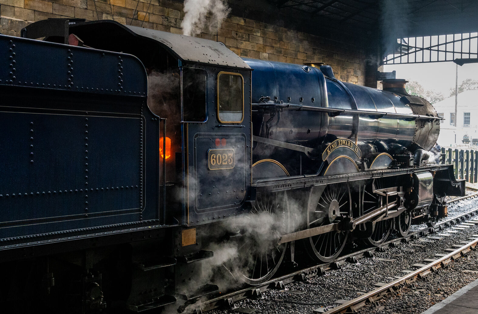 GWR King Class 4-6-0 No 6023 "King Edward II" at Pickering, North Yorkshire Moors Railway, October 2019