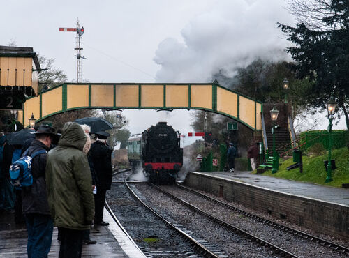 70000 "Britannia" arrives at Ropley, Mid-Hants Railway, 13 February 2015