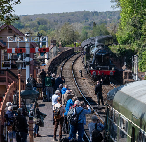 LMS Jubilee Class 4-6-0 No 45699 "Galatea", running as No 45627 "Sierra Leone", arriving at Bewdley, Severn Valley Railway, 20 April 2025