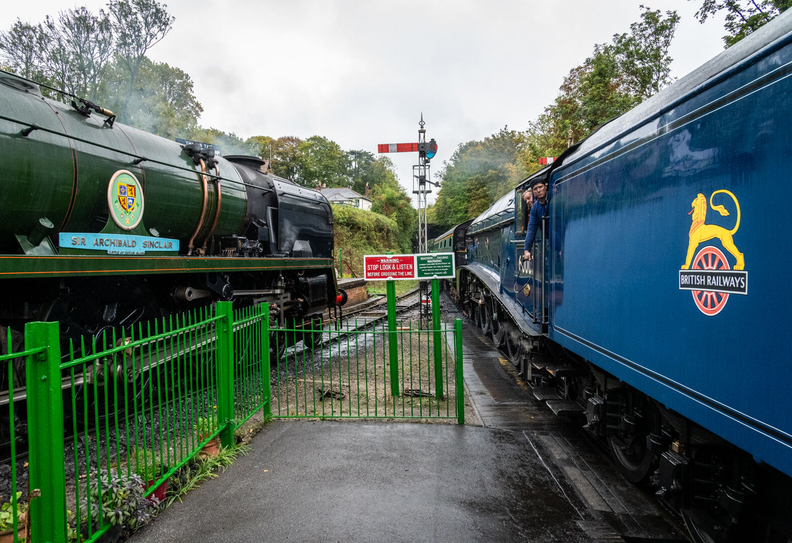 Battle of Britain Pacific 34053 "Sir Archibald Sinclair" and A4 Pacific 60007 "Sir Nigel Gresley" at Alresford, Watercress Line, Hampshire, 3 October 2025
