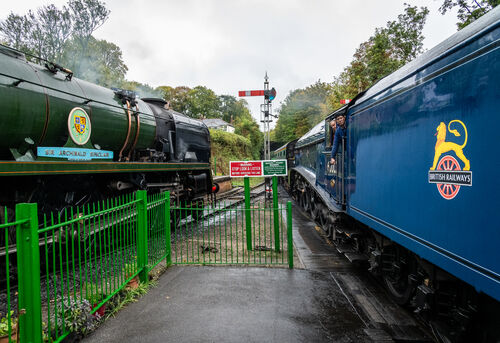 Battle of Britain Pacific 34053 "Sir Archibald Sinclair" and A4 Pacific 60007 "Sir Nigel Gresley" at Alresford, Watercress Line, Hampshire, 3 October 2025