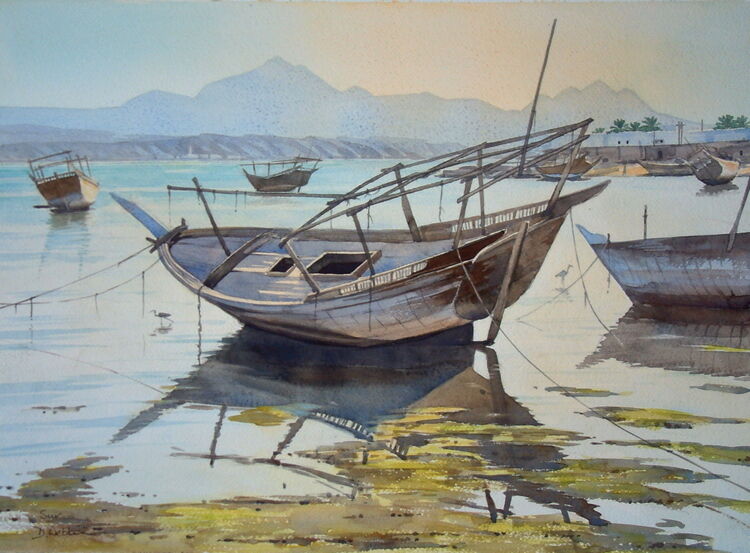 Beached Dhows on the Khor at Sur  Watercolour  NFS