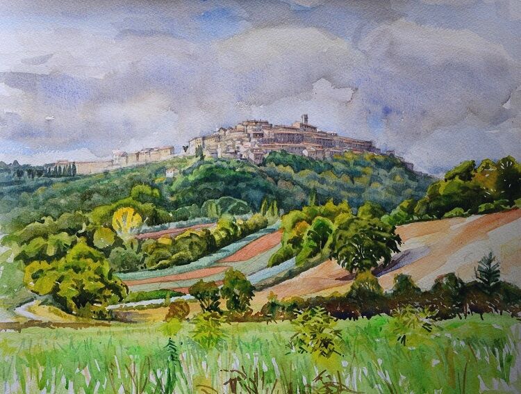Chiusdino from the valley. Watercolour  48 x 37cm