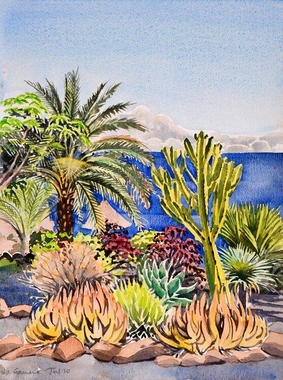 Clifftop cactus garden, La Gomera, Canaries Watercolour 30 x 39cm