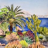 Clifftop cactus garden, La Gomera, Canaries Watercolour 30 x 39cm