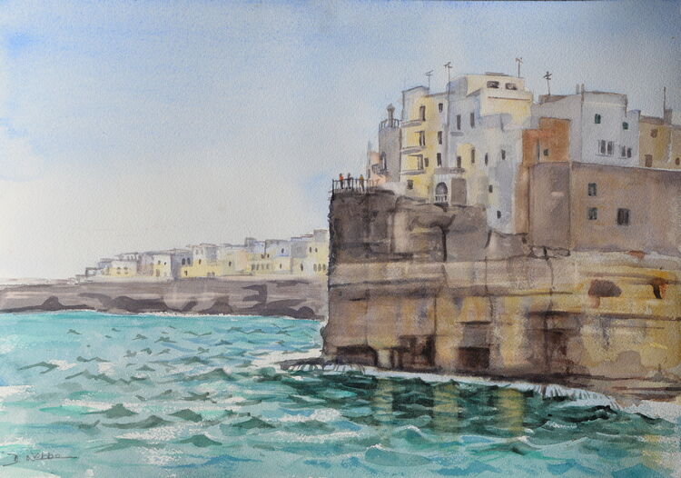 Clifftop houses in Polignano a Mare, Puglia, Italy Watercolour 51 x 36cm