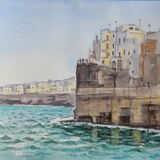 Clifftop houses in Polignano a Mare, Puglia, Italy Watercolour 51 x 36cm