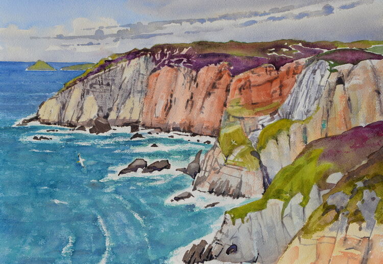Colourful Cliffs near Perranporth, Cornwall Watercolour 51 x 36cm