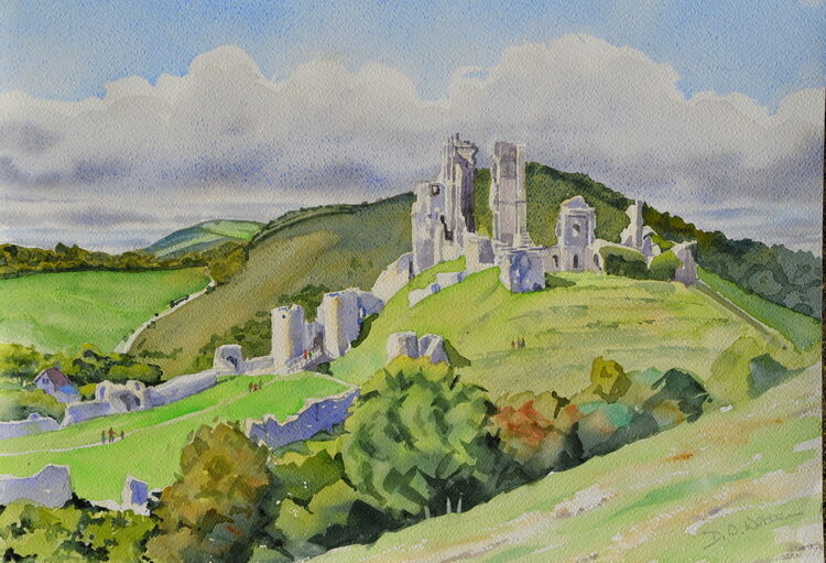 Corfe Castle from the east. Watercolour 51 x 36cm