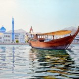 Dhow in Muttrah harbour. Watercolour 58 x 43.5cm
