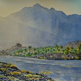 Evening light in Wadi Tayeen. Watercolour 50 x 40cm