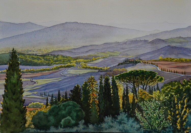 Evening view from Pienza, Tuscany  Watercolour  51 x 36 cm