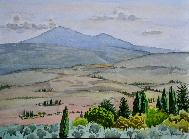 Evening view towards Monte Amiata from Pienza, Tuscany  Watercolour  41 x 31cm